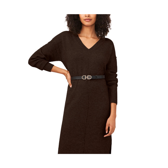 Vince Camuto Long Sleeve V-Neck Sweater Dress Chocolate Size L - Picture 2 of 3